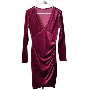 Huhot Women's M Red Velvet Ruched V-Neck Bodycon Cocktail Dress Christmas